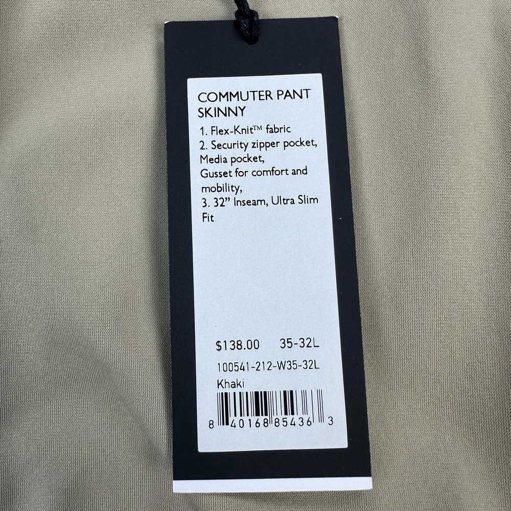Rhone Commuter Pant Skinny Mens 35x32 Khaki Flex-Knit Ultra Slim Fit New
